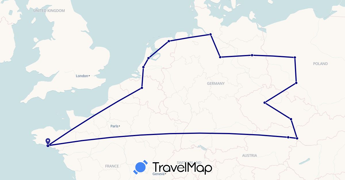 TravelMap itinerary: driving in Austria, Belgium, Czech Republic, Germany, France, Netherlands, Poland, Slovakia (Europe)